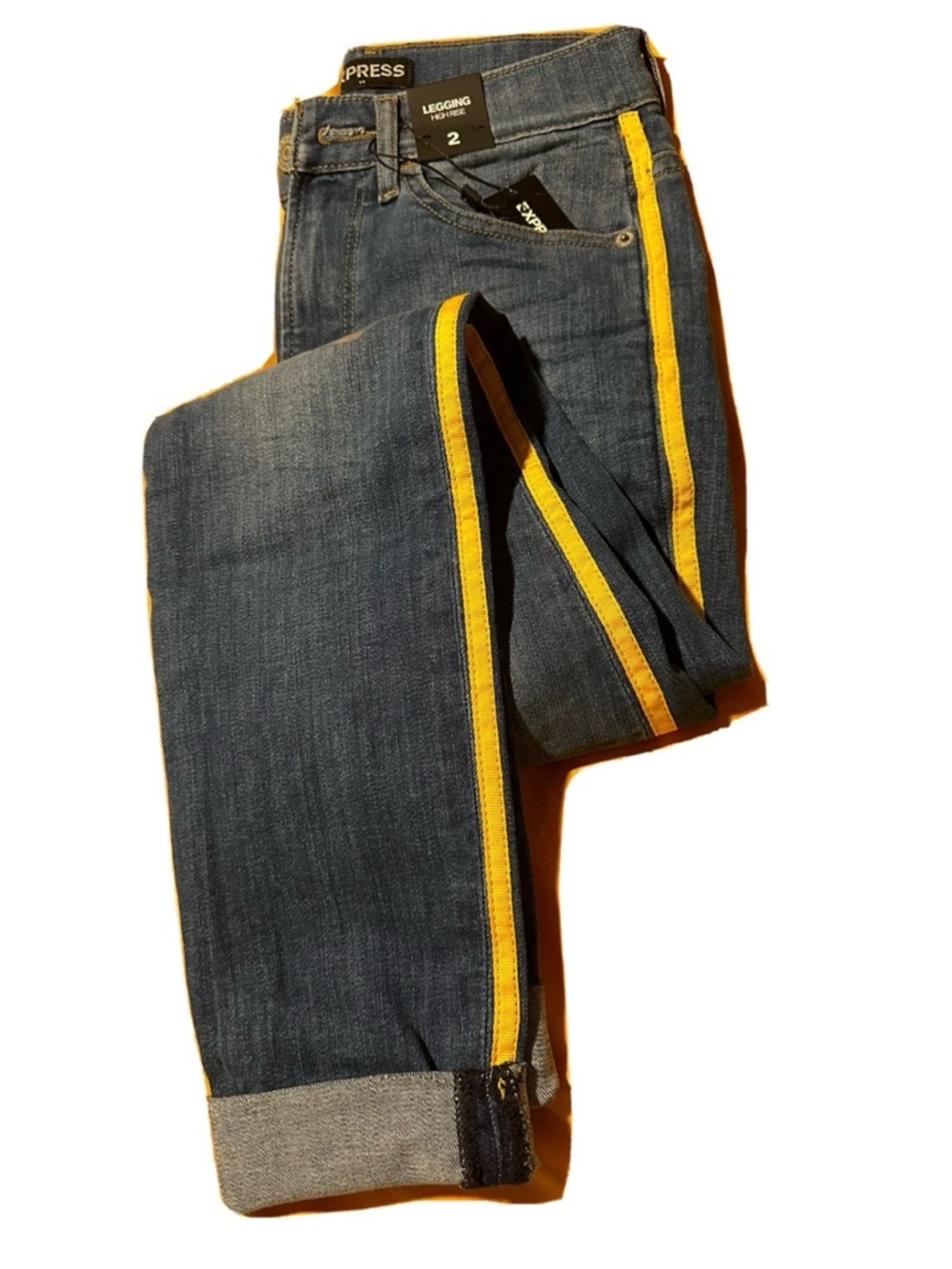 Express Dark Indigo High-Rise Jeans with Yellow Side Stripe